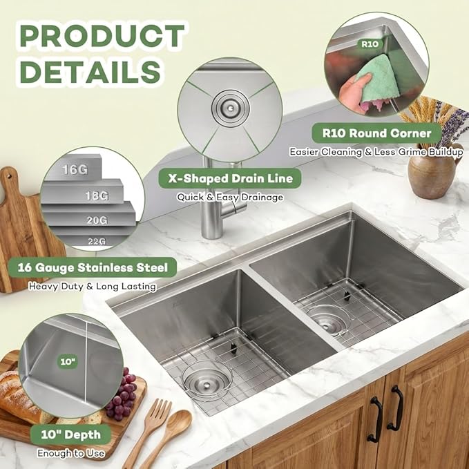LQS Kitchen Sink Stainless Steel, Undermount Kitchen Sink 32 Inch, 50/50 Double Bowl True 16 Gauge Stainless Steel Handmade with Abundant Accessories, R10 Round Corner and 10” Depth for Large Kitchen