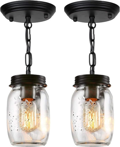 2 Pack Mason Jar Light Fixtures, 1-Light Kitchen Island Light Glass Jar Chandelier Farmhouse Pendant Lighting Fixture Close to Ceiling for Dining Room Sink Barn Foyer Stairway