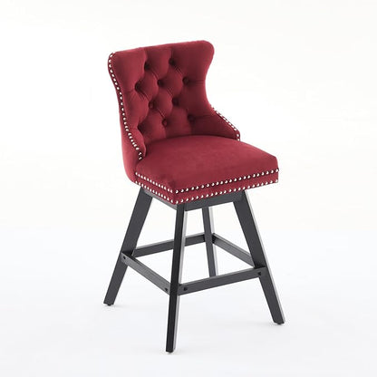 Swivel Velvet Bar Stools Set of 2 Wine Red | 360° Swivel Counter Chairs with Button Tufting, Padded Foam and Spring Seat, Curved Back Support, Solid Rubber Wood Legs for Kitchen Island