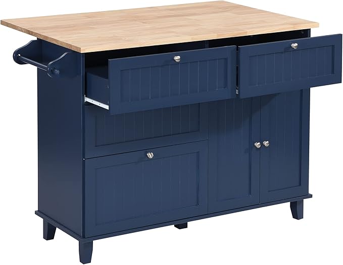 Kitchen Island Set with Drop Leaf and 2 Seatings, Dining Table Set with Storage Cabinet, Drawers and Towel Rack, Suitable for Kitchens, Dining Rooms (Blue+Black+Brown@d)