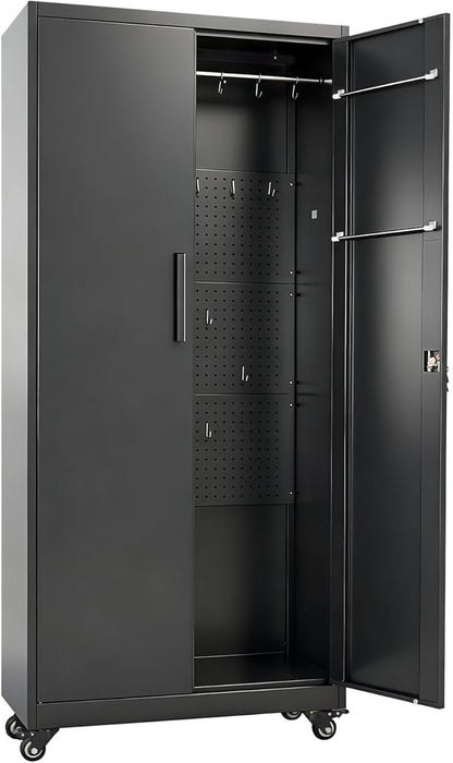 VEVOR Metal Storage Cabinet, 70.6 in Rolling Steel Garage Cabinet with Adjustable Shelves, 2 Magnetic Doors, Hanging Rod & 3 Rod Hooks, 5 Tiers Lockable Tool Storage for Pantry, Warehouse, Basement