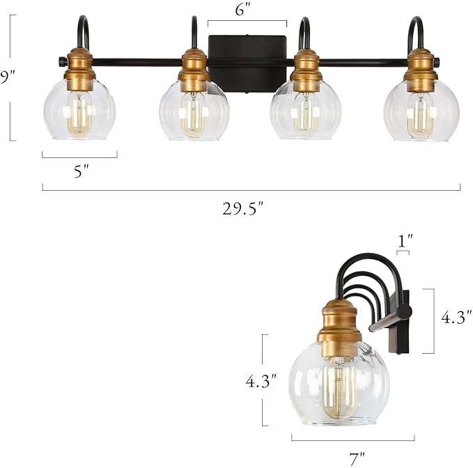 LALUZ Bathroom Light Fixtures, 4-Light Black and Gold Vanity Lights for Bathroom with Clear Globe Glass Shade, Modern Farmhouse Bathroom Vanity Lighting Over Mirror, 29.5" L x 7" W x 9" H
