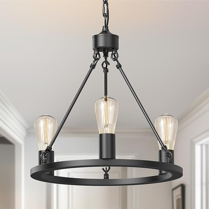 L LOHAS LED Black Farmhouse Chandeliers for Dining Room, 3-Light Wagon Wheel Chandelier Over Table, Height Adjustable, 16" Dining Room Light Fixtures, Modern Chandelier for Kitchen Island Living Room