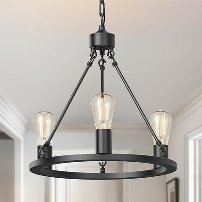 L LOHAS LED Black Farmhouse Chandeliers for Dining Room, 3-Light Wagon Wheel Chandelier Over Table, Height Adjustable, 16" Dining Room Light Fixtures, Modern Chandelier for Kitchen Island Living Room