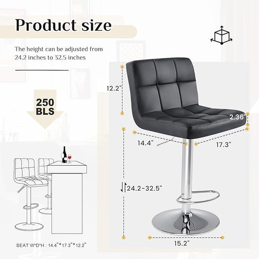 DUMOS Bar Stools Set of 2, 24 inch Counter Height Bar Stools, Upholstered Modern Kitchen Barstools with Metal Base, PU Leather Saddle Stools for Kitchen Island, Inky Black