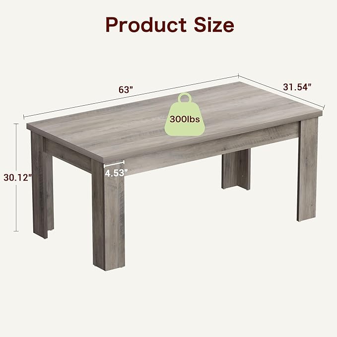 GarveeHome 63 in Dining Table for 4-6, Farmhouse Dinner Kitchen Table for 4 with Large Tabletop, Rectangular Wood Dining Room Table for Kitchen, Living Room, Easy Assembly, Retro Gray