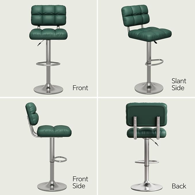 Bar Stools Set of 2 Upholstered Adjustable Counter Height Swivel Bar Stools Island Chairs with Back for Bar Kitchen Dining Room, Green
