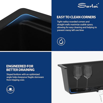 Sarlai 33 Granite Composite Kitchen Sink Double Bowl - 33"x19" Black Granite Kitchen Sink Ledge Workstation Undermount Double Bowl 50/50 Low Divide Quartz Classic Matte Black Under Counter Basin