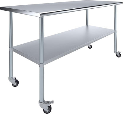 Stainless Steel Work Table with Wheels | NSF Kitchen Island Food Prep | Laundry Garage Utility Bench (Table + Wheels, 72" Long x 30" Deep)
