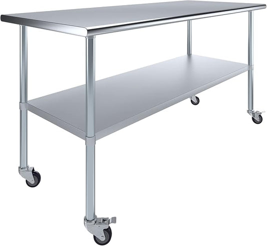 Stainless Steel Work Table with Wheels | NSF Kitchen Island Food Prep | Laundry Garage Utility Bench (Table + Wheels, 72" Long x 30" Deep)