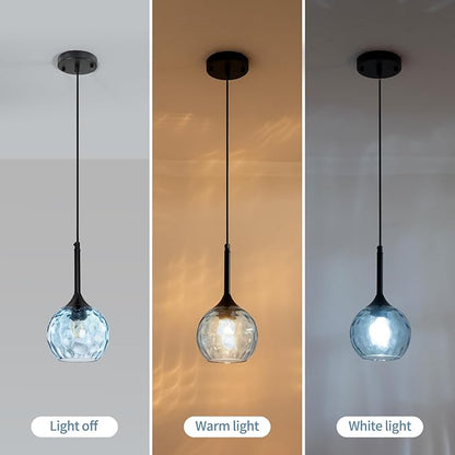 JHLBYL Glass Pendant Lights Kitchen Island: 5.91'' 1-Light Blue Hammered Glass Pendant Light with Black Finish - Modern Minimalist Hanging Light Fixture for Kitchen Sink Dining Room - E26 Base