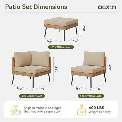 Aoxun 10 Piece Patio Furniture Set, 10 Seats Outdoor Sectional Sofas with Thick Cushion, Wicker Outdoor Patio Furniture Set with Ottomans for Party, Garden, Backyard, Beige