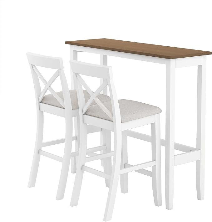 LUMISOL 3 Piece Pub Bar Table and Chairs Set, Solid Wood Counter Height Bar Table Set for 2, High Top Dining Table Set for Kitchen, Breakfast Nook, White + Beige