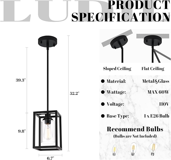 Matte Black Farmhouse Pendant Light Fixtures, Pendant Lights for Kitchen Island, Rectangle Linear Metal Hanging Lighting Fixture Ceiling Mount with Clear Glass Shade E26 Base for Dining Room, 3 Pack