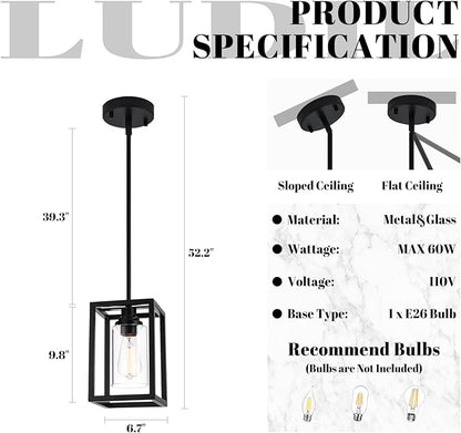Matte Black Farmhouse Pendant Light Fixtures, Pendant Lights for Kitchen Island, Rectangle Linear Metal Hanging Lighting Fixture Ceiling Mount with Clear Glass Shade E26 Base for Dining Room, 3 Pack