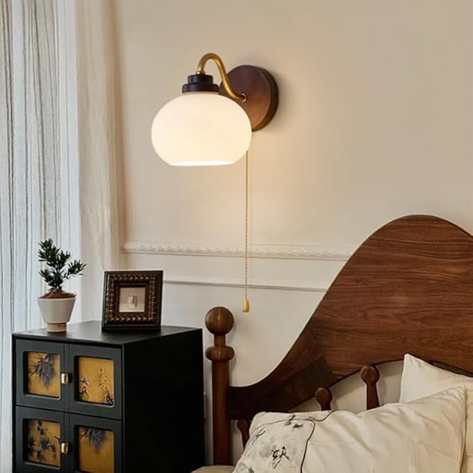 Solid Wood Wall Light Retro Wall Sconce with Pull Chain Switch, Bathroom Vanity Light Fixture, Glass Shade Wall Lamps for Living Roon Halklway Bedroom, E27 Haedwired