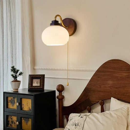 Solid Wood Wall Light Retro Wall Sconce with Pull Chain Switch, Bathroom Vanity Light Fixture, Glass Shade Wall Lamps for Living Roon Halklway Bedroom, E27 Haedwired