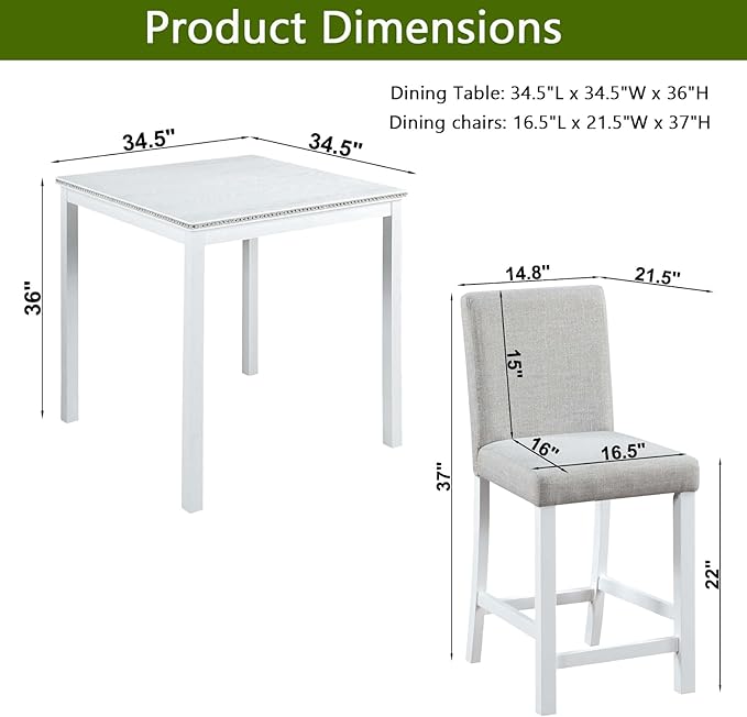 5 Piece Counter Height Dining Table Set for 4, Elegant Wooden Kitchen Table and 4 Upholstered Chairs with Crystal Decoration, Square Dining Table Set for Kitchen and Dining Room, White