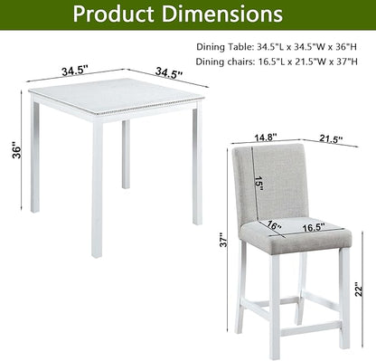 5 Piece Counter Height Dining Table Set for 4, Elegant Wooden Kitchen Table and 4 Upholstered Chairs with Crystal Decoration, Square Dining Table Set for Kitchen and Dining Room, White