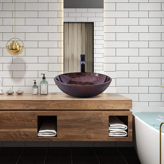 Bathroom Vessel Sink 16.5" Vessel Sinks Tempered Glass Brown Art Basin Round Bowl with Faucet Combo Brown,Countertop Bowl Sink for Lavatory Vanity Cabinet
