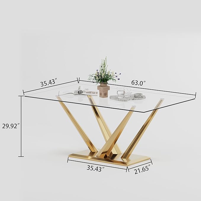 Luxury Gold Glass Dining Table for 4-6 Modern 63-Inch Rectangular Kitchen & Dining Room Table with Double V-Shape Stainless Steel Base Large Clear Glass Top Dining Table for Home Office