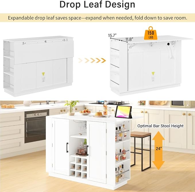 Virubi 47.2" Kitchen Island with Storage, Bottle Rack & Glass Holder, Wood Buffet Sideboard with Side Shelves, Drop Leaf & Power Outlet (White)