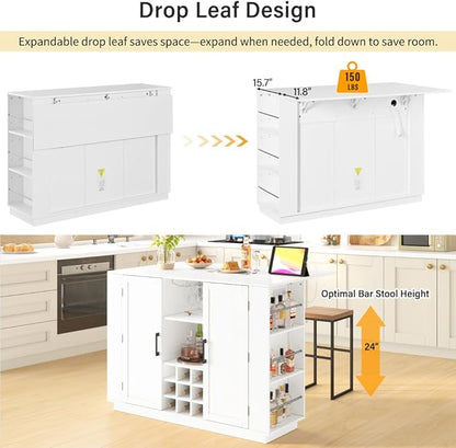 Virubi 47.2" Kitchen Island with Storage, Bottle Rack & Glass Holder, Wood Buffet Sideboard with Side Shelves, Drop Leaf & Power Outlet (White)