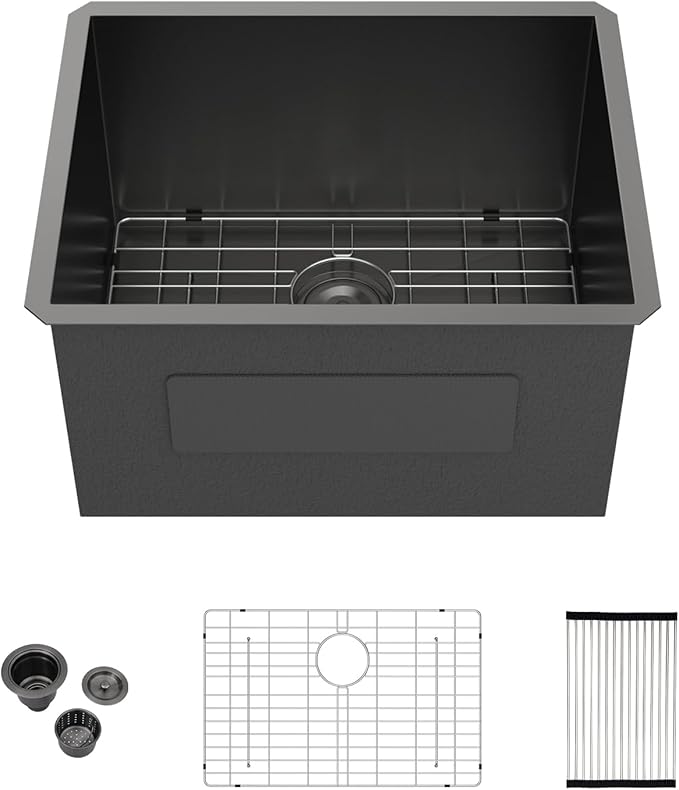 Kichae 24 Laundry Sink Undermount - 24”x19" Black Undermount Utility Sink 13" Deep Stainless Steel 16 Gauge Single Bowl Under Counter Handmade Laundry Utility Room Basin