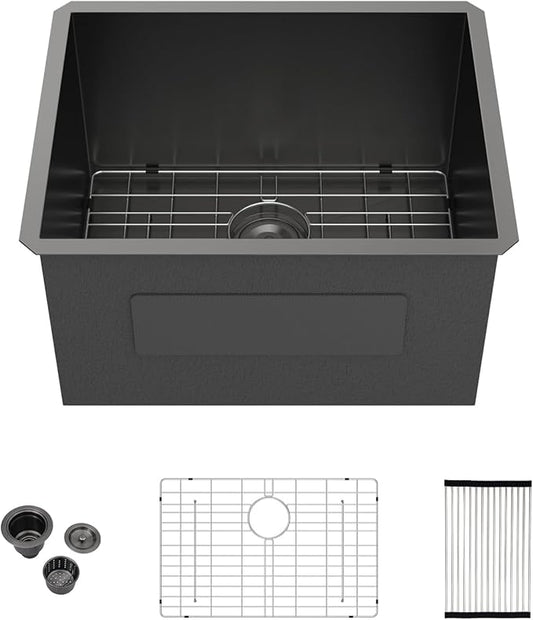 Kichae 24 Laundry Sink Undermount - 24”x19" Black Undermount Utility Sink 13" Deep Stainless Steel 16 Gauge Single Bowl Under Counter Handmade Laundry Utility Room Basin