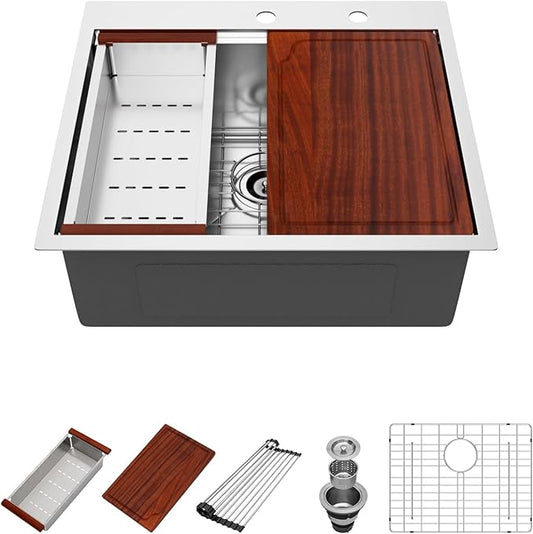 25 Drop In Kitchen Sink - Beslend 25x22 Inch Stainless Steel Sinks Ledge Workstation 16 Gauge Top Mount Handmade Single Bowl Kitchen Sink with Accessories