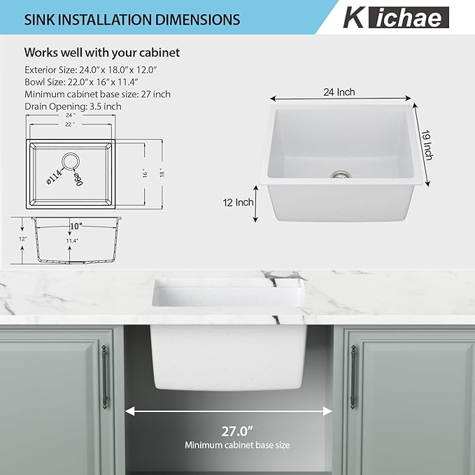 Kichae 24 Laundry Room Sink - 24"x18"x12" White Granite Composite Undermount Laundry Utility Sink White Quartz 12" Deep Under Counter Single Bowl Sink Basin