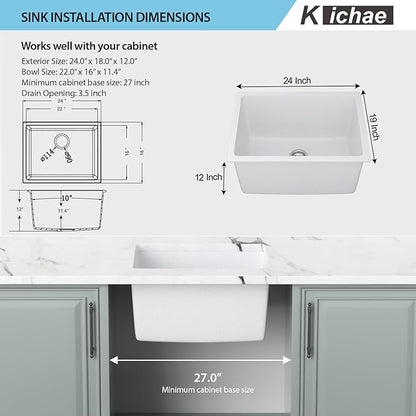 Kichae 24 Laundry Room Sink - 24"x18"x12" White Granite Composite Undermount Laundry Utility Sink White Quartz 12" Deep Under Counter Single Bowl Sink Basin