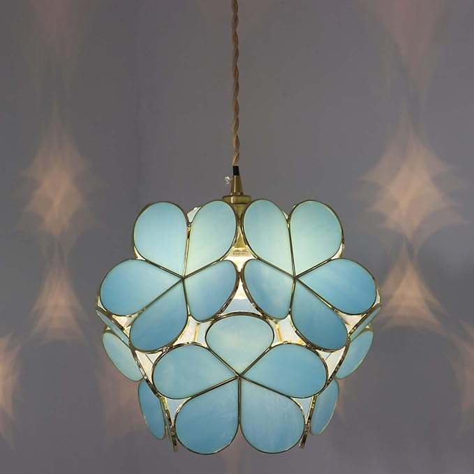 Bieye L11025 Petals Tiffany Style Stained Glass Ceiling Pendant Light for Home Decoration (Sky Blue, 12" Cherry Blossom)