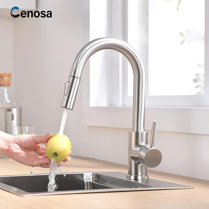 Modern Bar Sink Faucet for Kitchen Sink Single Handle with Pull Out Sprayer Hot and Cold Brushed Nickel CENOSA