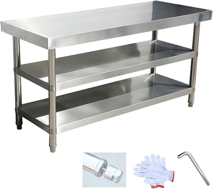 Stainless Steel Table Cooking Table, Kitchen Prep Station, Metal Work Table, Kitchen Island with 3 Shelves, for Home, Kitchen and Dining Room (Color : Thickened 120 * 80 * 80 Three Layers)