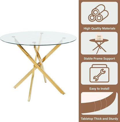 36-Inch Round Tempered Glass Dining Table for 2-4 Person Space-Saving Small Kitchen Table with Heavy-Duty Metal Legs Perfect for Dining Room, Apartment, Condo(Gold)