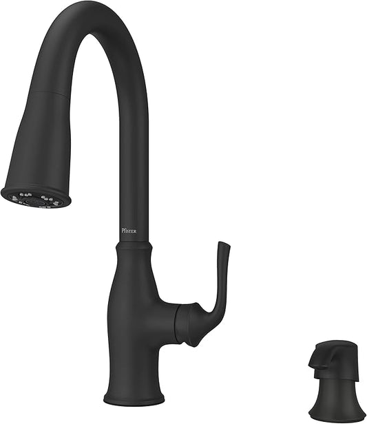 Pfister Rosslyn Kitchen Faucet with Pull Down Sprayer and Soap Dispenser, Single Handle, High Arc, NSF Certified, Matte Black Finish, F5297RSSRB
