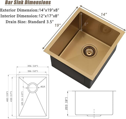 14 Inch Gold Bar Sink Undermount,14x19 Gold Bar Sink Undermount Small Stainless Steel Kitchen Sinks 18 Gauge Single Bowl Kitchen Prep Sinks with Drain Strainer