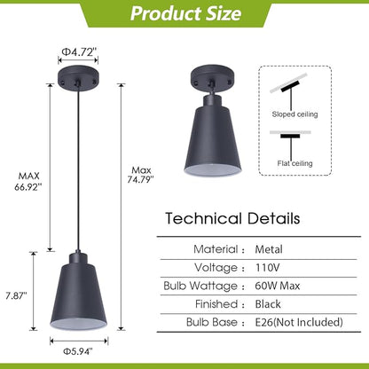 Modern Black Pendant Light Fixture 5.94'' (3-Pack) Mini 1-Light Pendant Lighting 3-Pack for Kitchen Island Industrial Hanging Pendant Light Cup Shade for Christmas Gift,Dining Room,Bar,E26,MAX60W