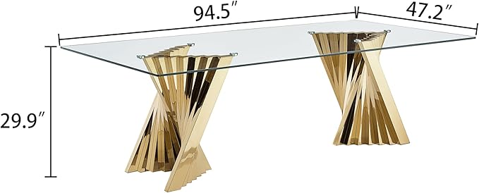94" Modern Glass Gold Dining Table for 8-10, Luxury Kitchen Table with Tempered Glass Top & Mirror Finish Stainless Steel Base, Large Dinner Pedestal Tables for Home Banquet Hall Room, Only Table