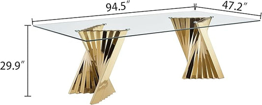 94" Modern Glass Gold Dining Table for 8-10, Luxury Kitchen Table with Tempered Glass Top & Mirror Finish Stainless Steel Base, Large Dinner Pedestal Tables for Home Banquet Hall Room, Only Table