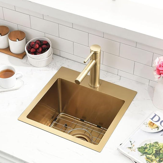 15" Drop In Kitchen Sink Gold -SZBAQTM 15"x15"x10" Stainless Steel Topmount Sinks 18 Gauge T304 Single Bowl Kitchen Sink with Pull-Out Faucet (Gold, 15"x15"x10")