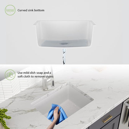 22x17 Inch Granite Composite Kitchen Sink - 22"x17" Undermount White Wet Bar Sink Granite Composite Quartz Classic Under Counter Ledge Single Bowl Sink Basin, LOF-GC22179