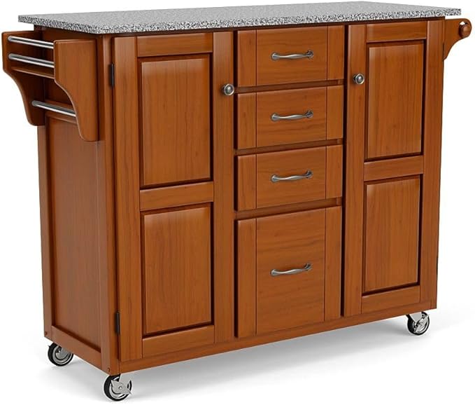 Home Styles Large Mobile Create-a-Cart Warm Oak Finish Two Door Cabinet Kitchen Cart with Salt and Pepper Granite Top, Adjustable Shelving, Four Large Utility Drawers