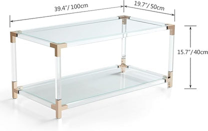 Saint Mossi Glass Coffee Table Living Room, Modern Double Layer Glass Living Table for Living Space, L41 x W21 x H16, Clear Glass Top, Clear Acrylic Leg & Rose Gold Frame