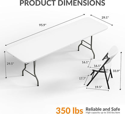Elevon Folding Table Set with 8 White Folding Chairs,8 Feet Heavy Duty Fold-in-Half Utility Table Sets for Picnic, Event, Training, Outdoor Activities, at Home and Commercial Use