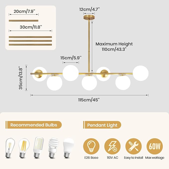 KELUOLY Linear Chandelier for Dining Room, 7-Light Gold Mid Century Pendant Light, 45" Modern Sputnik Kitchen Light Fixture Brushed Brass Finish with White Glass Lampshade for Office, Cafe, bar