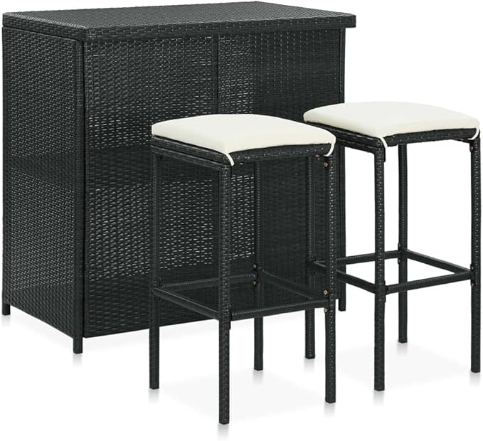 3-Piece Bar Table Set with Steel Frame and PE Rattan, Black Indoor Outdoor Bistro Set for Kitchen Living Room Small Space