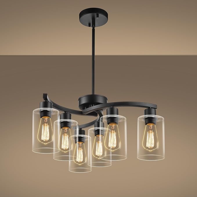 Sigaitwei 6 Light Modern Chandeliers for Dining Room,21.7" Black Hanging Light Fixture，Kitchen Pendant Lighting Over Island，Industrial Farmhouse Chandelier,Metal with Downward Clear Glass Shade