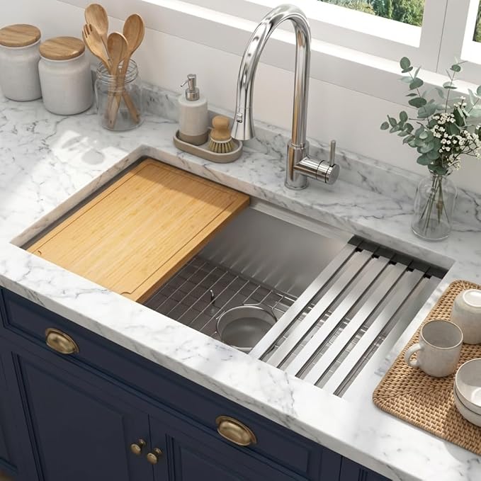 LQS 30 Inch Undermount Kitchen Sink with Round Corner, 30" x 18" Undermount Kitchen Sink 16 Gauge Stainless Steel, R10 Round Corner with Handmade Workstation Ledge and Built-In Abundant Accessories